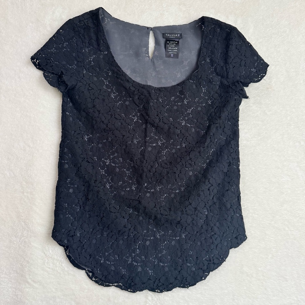 Aritzia Talula Betsy Lace Blouse T Shirt Lined Scalloped Black Goth Fairy Boho